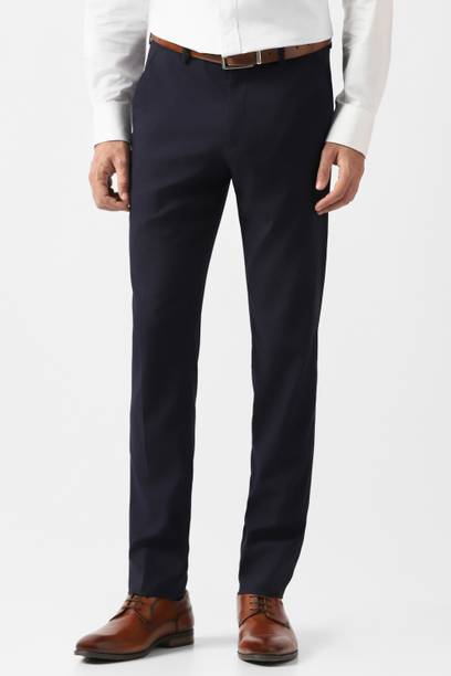 Men Skinny Fit Dark Blue Polyester Trousers