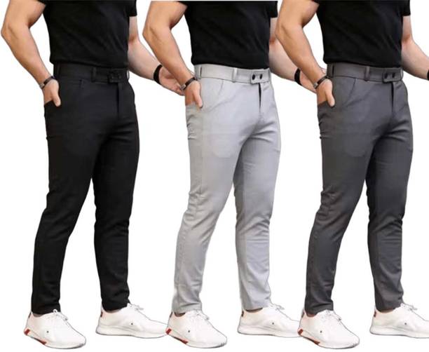 Pack of 3 Men Regular Fit Black, Grey Lycra Blend Trousers