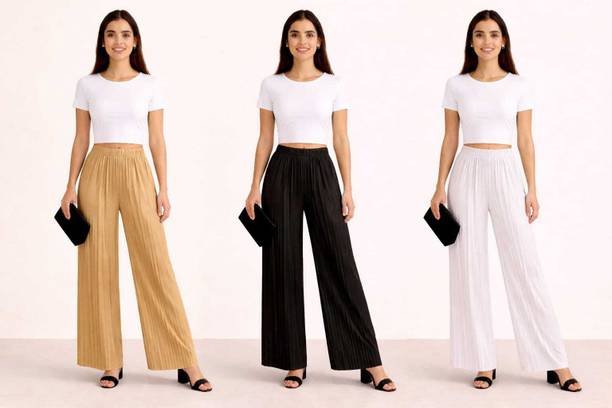 Pack of 3 Women Loose Fit Beige, Black, White Cotton Blend Trousers