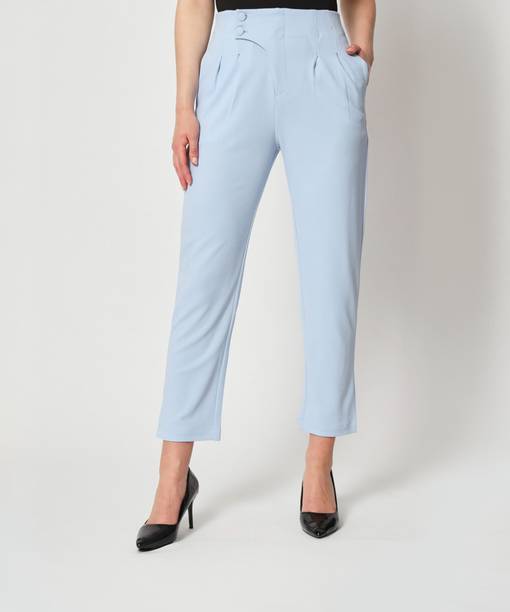 Women Slim Fit Blue Polyester Trousers
