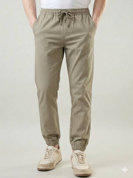 Men Comfort Fit Beige Cotton Blend Trousers
