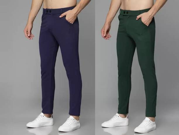 Pack of 2 Men Slim Fit Dark Green, Dark Blue Lycra Blend Trousers