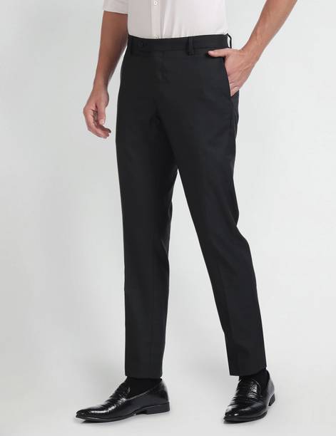 Men Regular Fit Black Polyester Trousers
