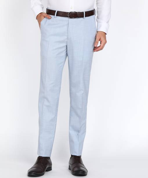 Men Slim Fit Light Blue Cotton Blend Trousers