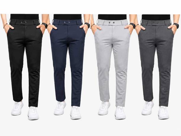 Pack of 4 Men Slim Fit Multicolor Lycra Blend Trousers