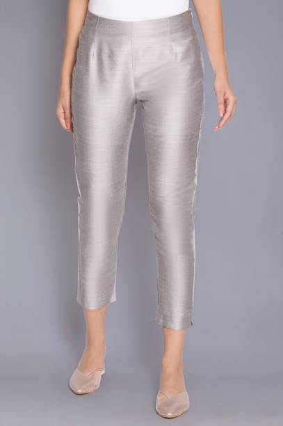 Women Slim Fit Silver Viscose Rayon Trousers