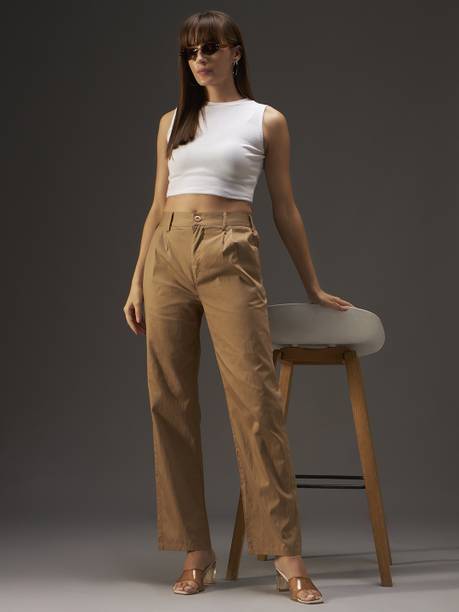 Women Regular Fit Khaki Pure Cotton Trousers
