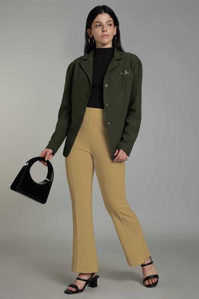 Women Flared Cream Cotton Blend Trousers