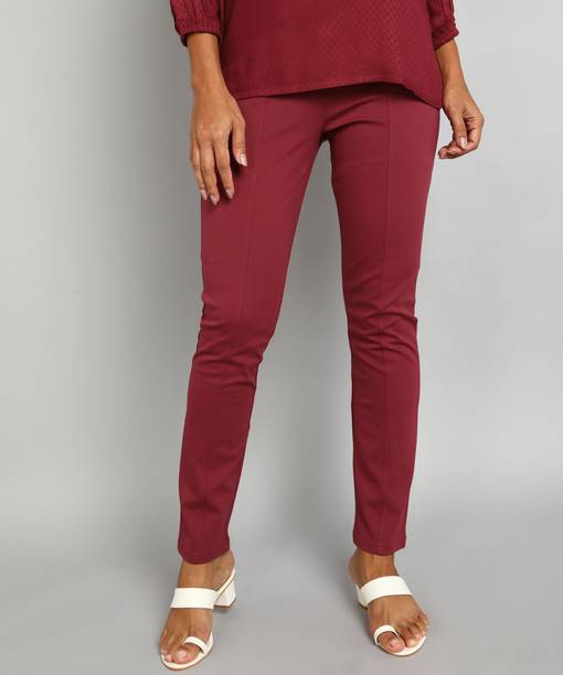 Women Slim Fit Red Cotton Blend Trousers