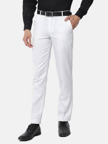 Men Regular Fit White Polycotton Trousers