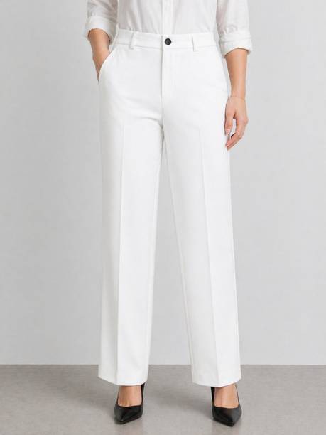 Women Straight Fit White Lycra Blend Trousers