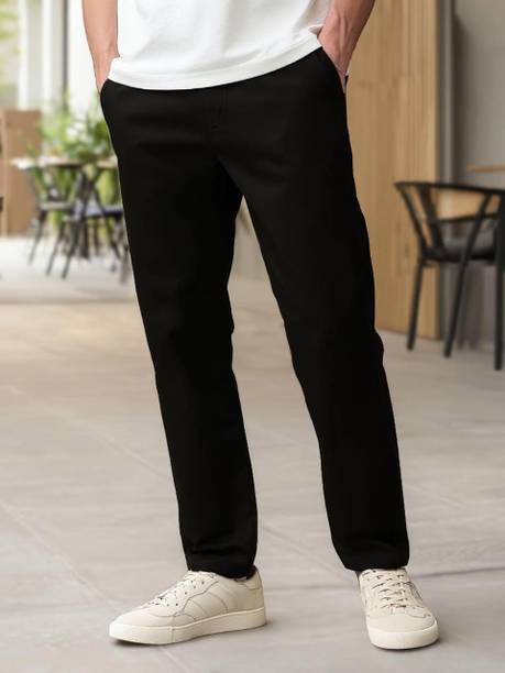Men Relaxed Black Cotton Blend Trousers