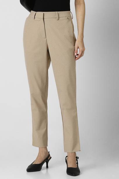Women Slim Fit Beige Polyester Trousers