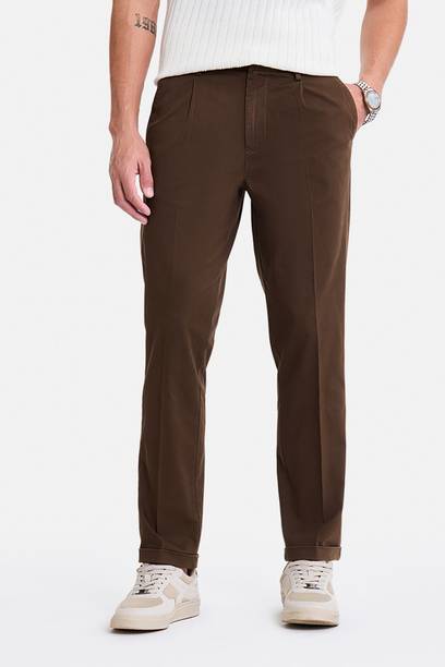 Men Slim Fit Brown Cotton Blend Trousers