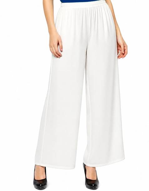 Women Loose Fit, Comfort Fit White Cotton Blend Trousers
