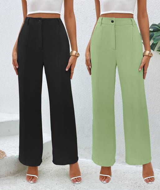 Women Regular Fit Black, Light Green Cotton Blend Trousers
