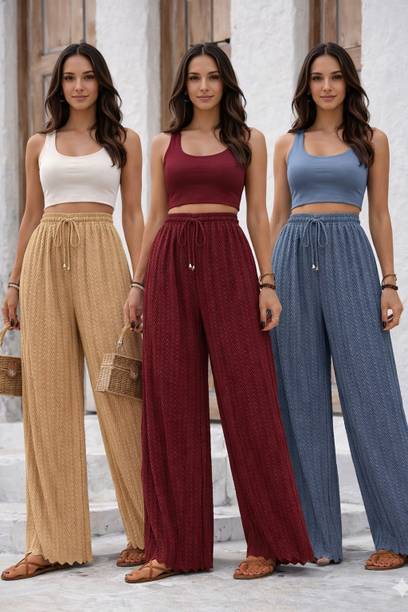 Pack of 3 Women Relaxed Multicolor Cotton Blend Trousers