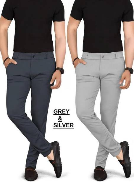 Pack of 2 Men Regular Fit Grey Lycra Blend Trousers