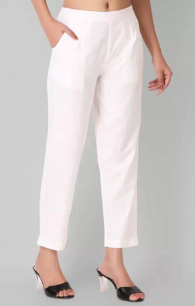 Women Regular Fit White Cotton Blend Trousers