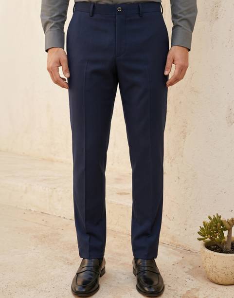 Men Regular Fit Dark Blue Polyester Trousers