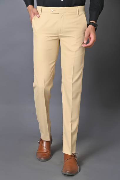 Men Regular Fit Beige Cotton Blend Trousers