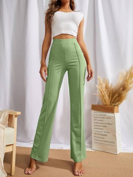 Women Regular Fit Light Green Cotton Blend Trousers