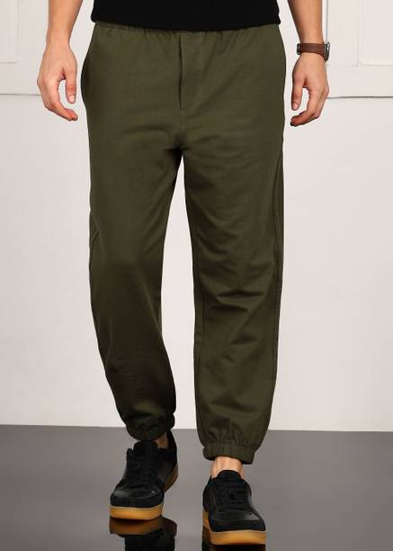Men Relaxed Dark Green Pure Cotton Trousers
