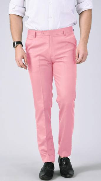 Men Regular Fit Pink Cotton Blend Trousers