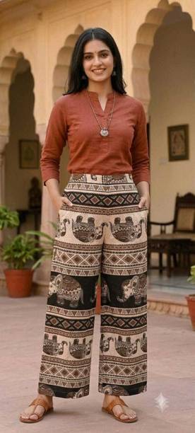 Women Comfort Fit, NA Beige, Multicolor Linen Blend Trousers
