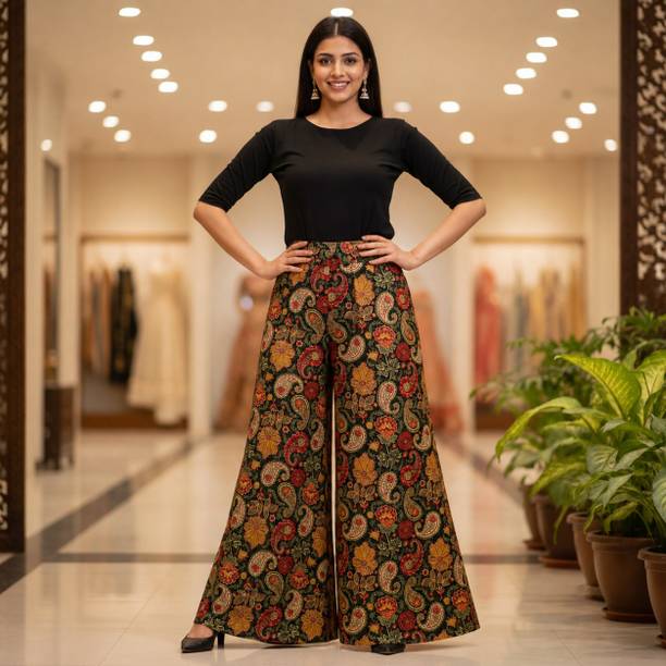 Women Flared, Loose Fit Green, Multicolor Pure Cotton Trousers