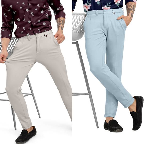 Men Slim Fit White, Light Blue Cotton Blend Trousers