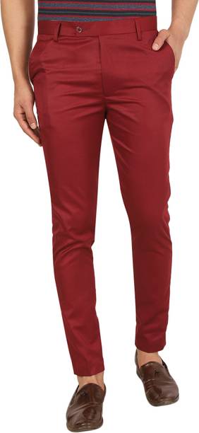 Men Regular Fit Maroon Viscose Rayon Trousers