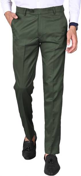 Men Tapered Dark Green Cotton Blend Trousers