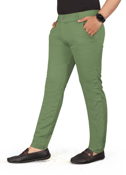 Men Slim Fit Green Lycra Blend Trousers