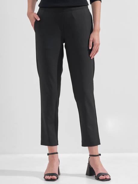 Women Tapered Black Cotton Blend Trousers