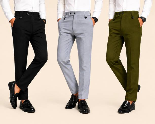 Pack of 3 Men Slim Fit, Regular Fit Black, Grey, Green Cotton Blend Trousers