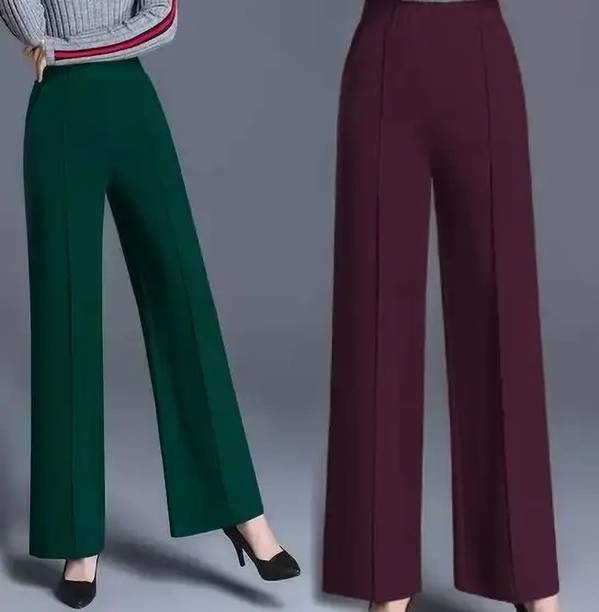 Women Flared Maroon, Green Lycra Blend Trousers