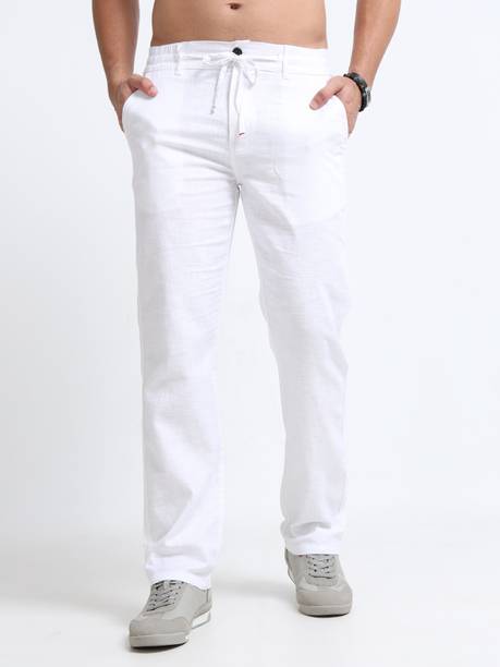 Men Straight Fit White Linen Blend Trousers