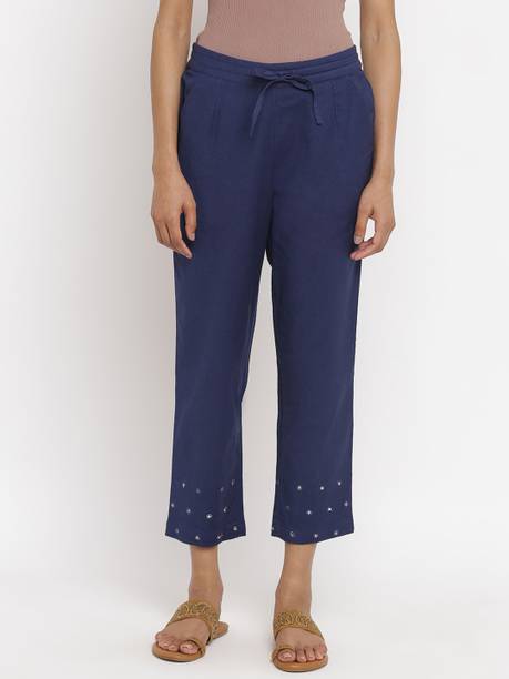 Women Regular Fit Blue Cotton Silk Trousers