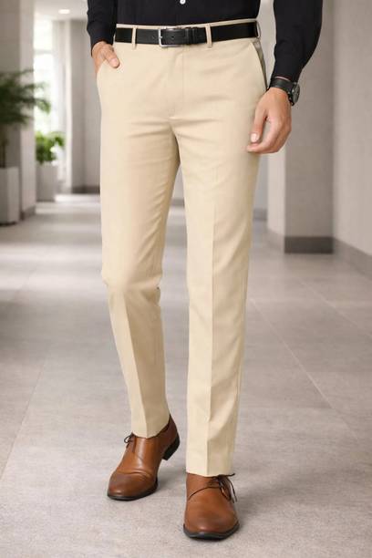 Men Regular Fit Beige Viscose Rayon Trousers