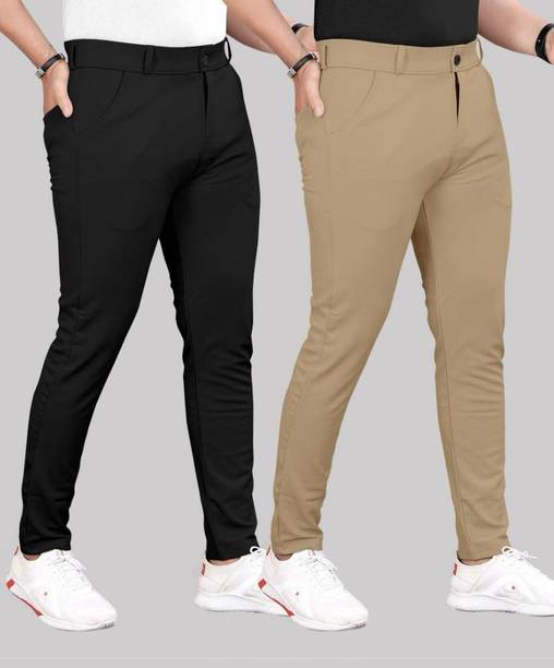 Shree Kandhal Fashion Pack of 2 Men Regular Fit Black, Khaki Lycra Blend Trou...