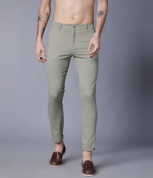 Men Slim Fit Green Cotton Blend Trousers