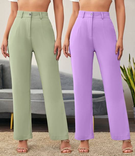 Women Regular Fit Purple, Light Green Cotton Blend Trousers