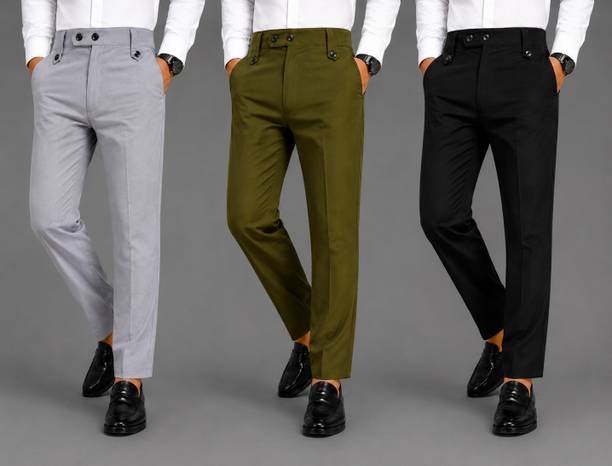 Pack of 3 Men Slim Fit, Regular Fit Multicolor Cotton Blend Trousers
