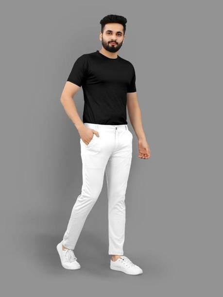 Men Slim Fit White Cotton Blend Trousers