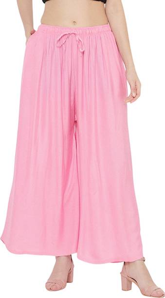 Women Flared Pink Viscose Rayon Trousers