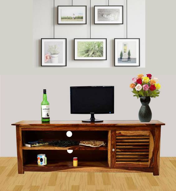 BR SOLID WOOD Sheesham Wood Natural Teak With Door TV Cabinet Solid Wood TV Entertainment Unit