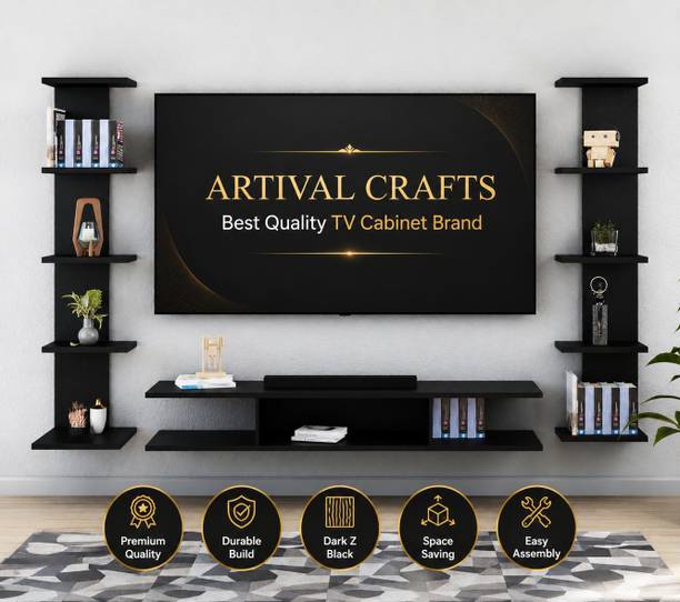 Artival Crafts TV Cabinet 55 inch, Black MDF Wall Mounted TV Unit with 10 Display Shelves Engineered Wood TV Entertainment Unit