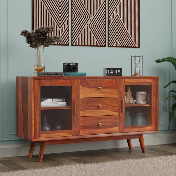 Klenta Home Decor Solid Sheesham Wood TV Entertainment Unit with Glass Doors & 3 Drawers | Solid Wood TV Entertainment Unit