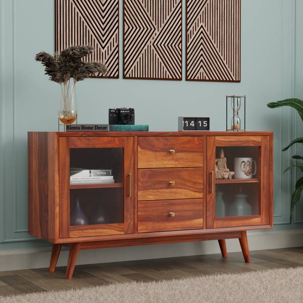 Klenta Home Decor Solid Wood Cabinet Drawer with Glass Doors & Drawers | Sideboard Solid Wood Free Standing Cabinet